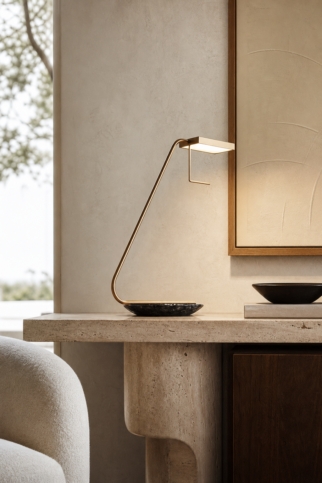 Antique Brass Marble LED Table Lamp styled in a designer interior, view 7