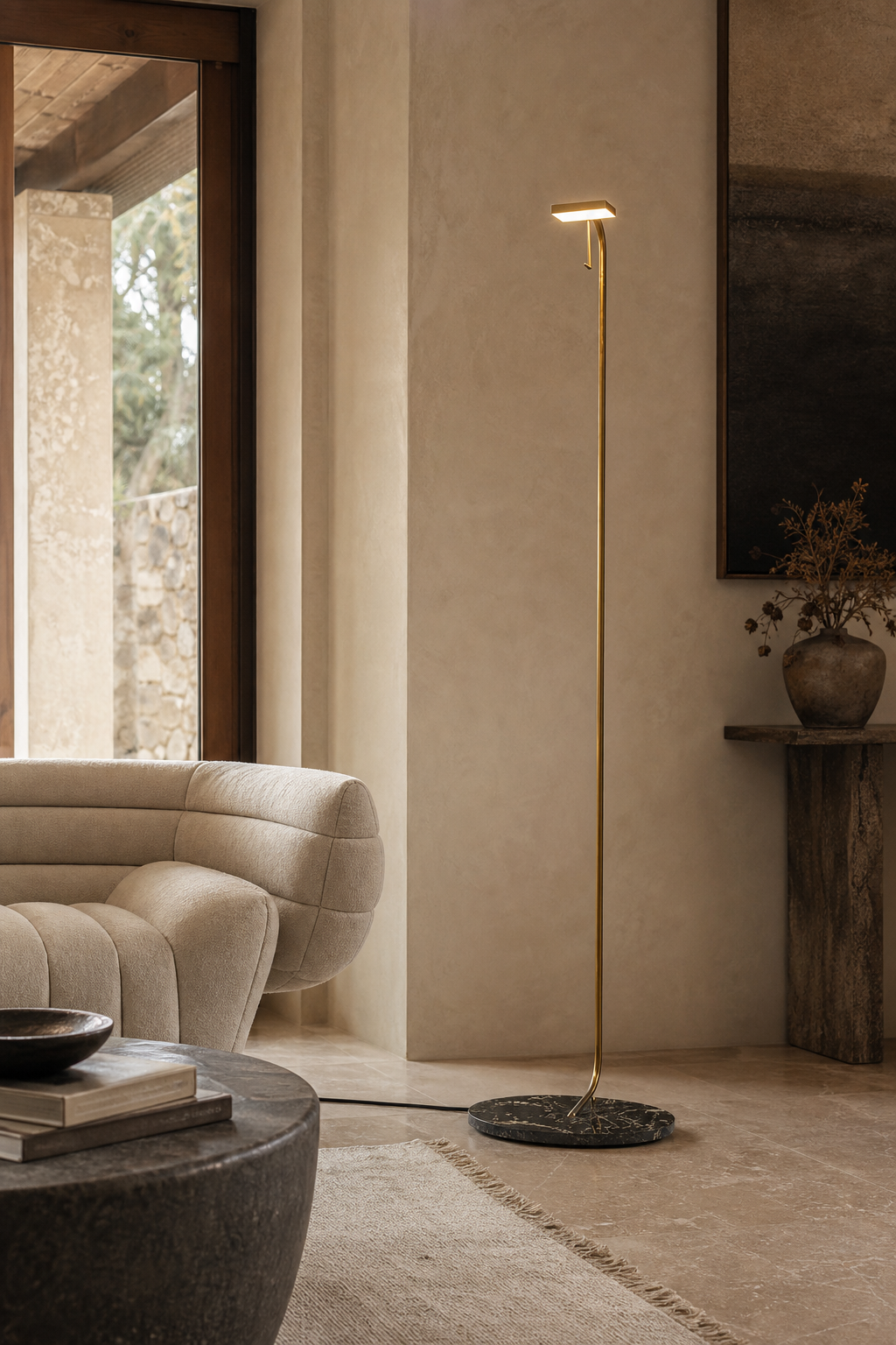 Antique Brass Marble LED Floor Lamp styled in a living room, view 7