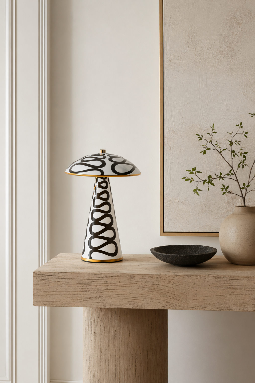Modern Painted Mushroom Table Lamp - generated workflow 07 07-entry-shelf-daylight