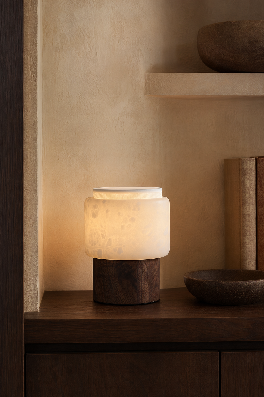 Modern Alabaster Wood Cylinder Table Lamp - 07 07-entry-shelf-walnut