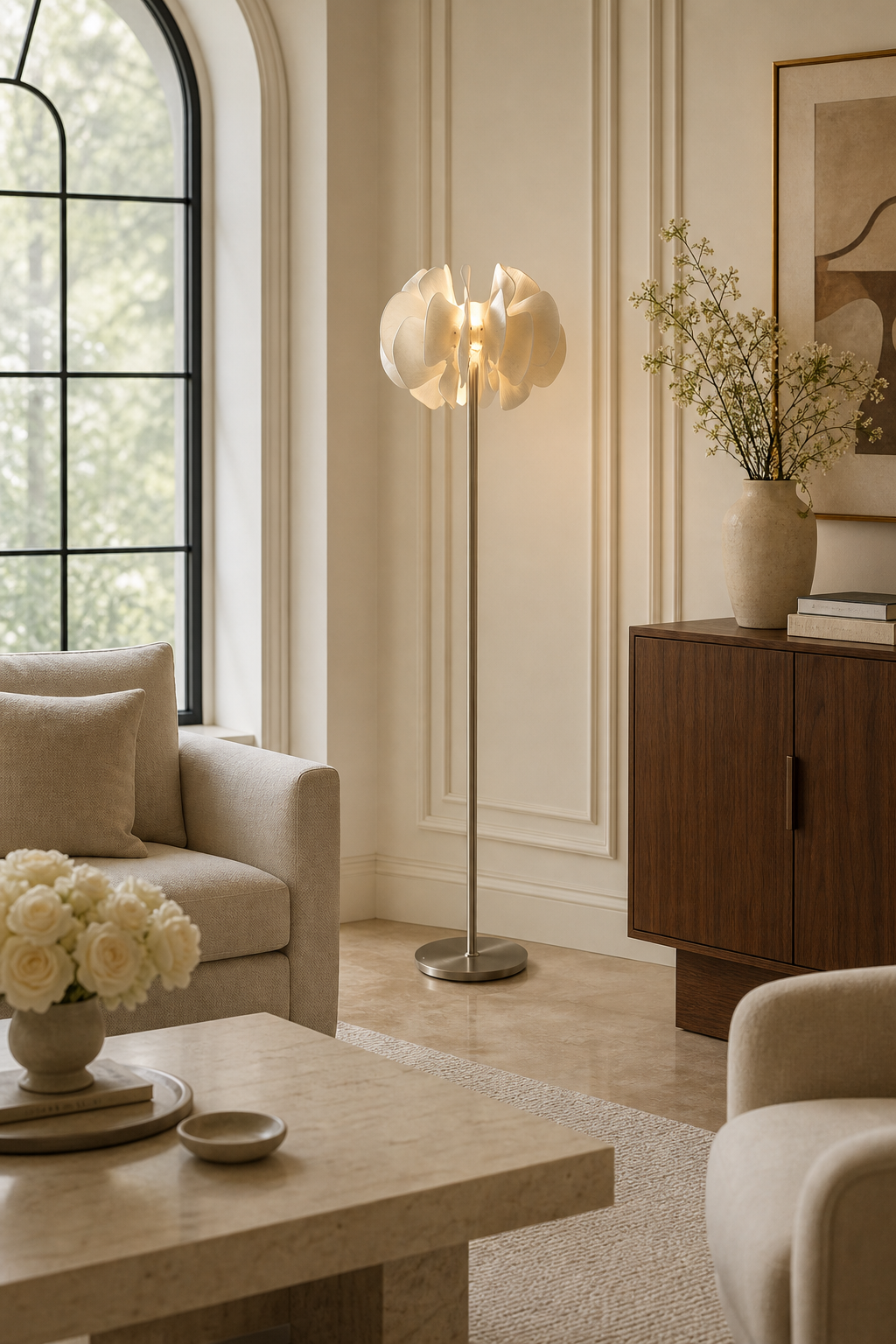 Sculptural Ceramic Petal Floor Lamp family room wide
