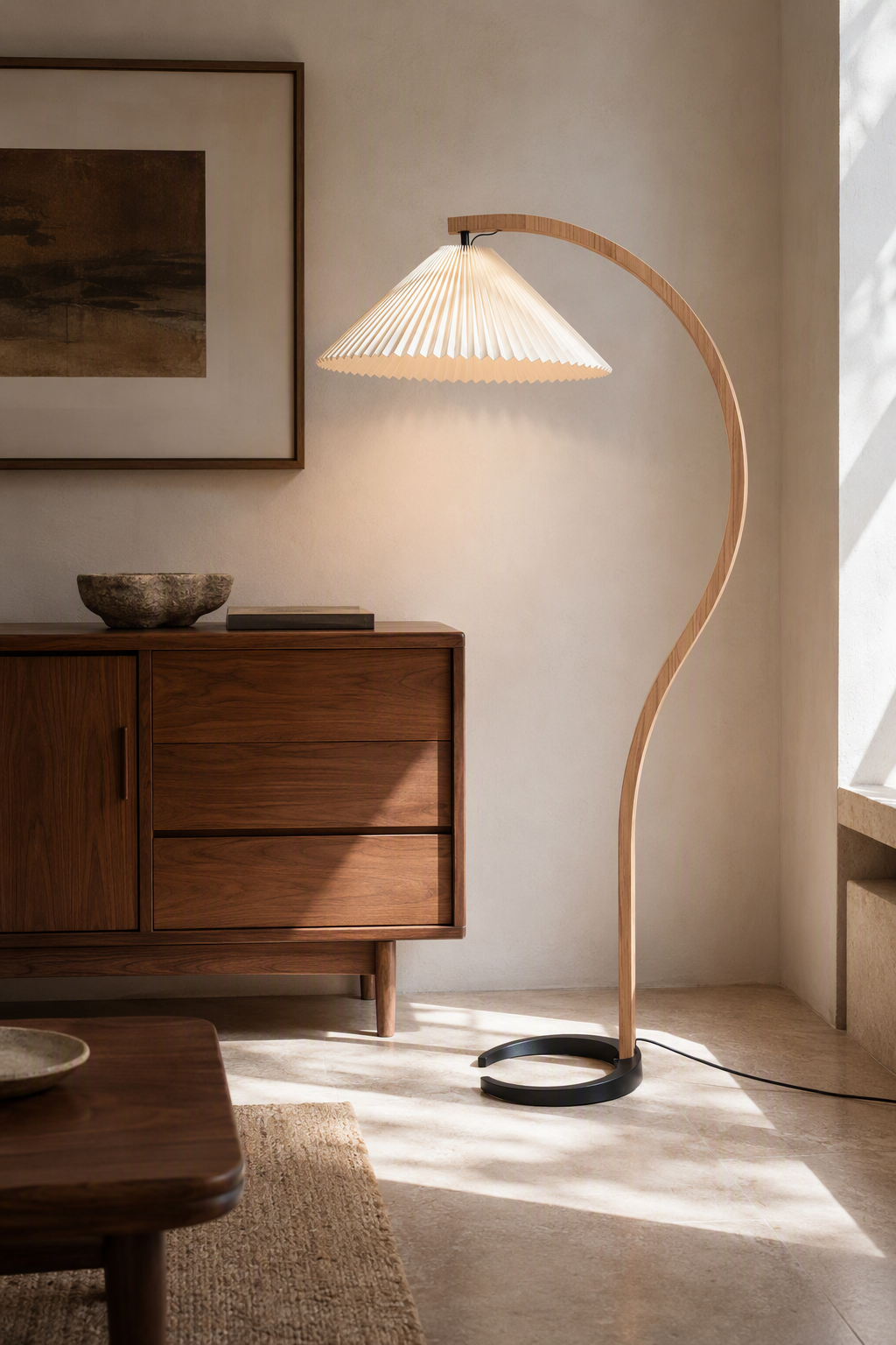 Sculptural Wood Floor Lamp — floor lamp in a sunlit apartment