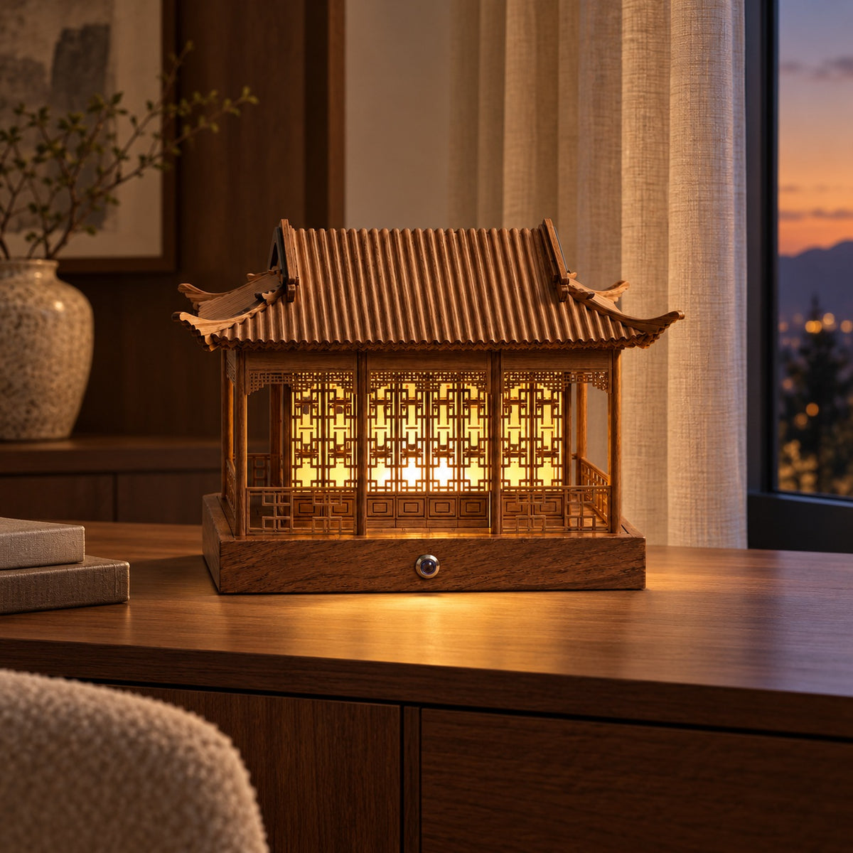 Walnut finish rain pavilion lamp illuminated at dusk