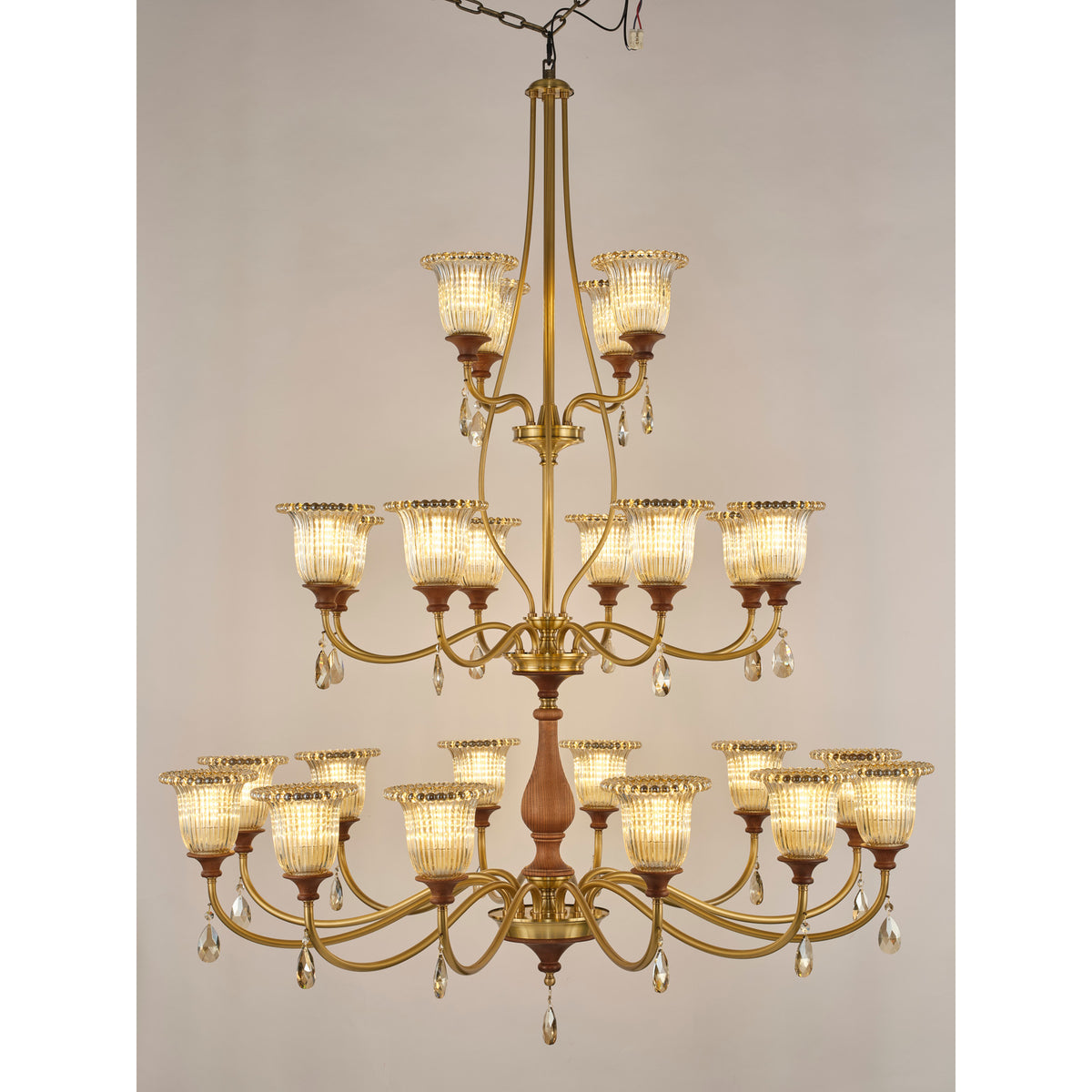 Real product photograph of the Rosalind twenty-four-light three-tier chandelier