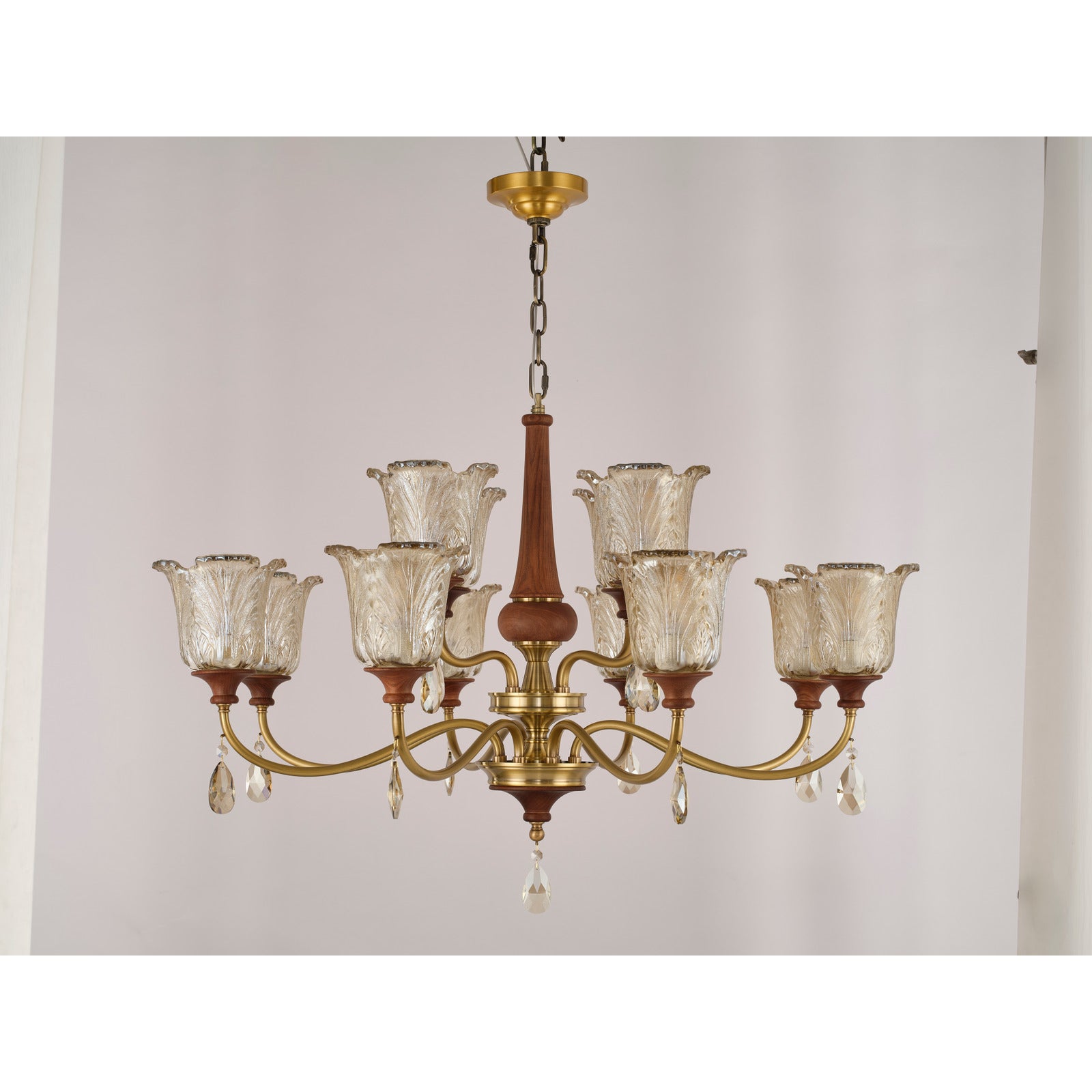 Real product photograph of the Aurelia fifteen-light two-tier chandelier unlit