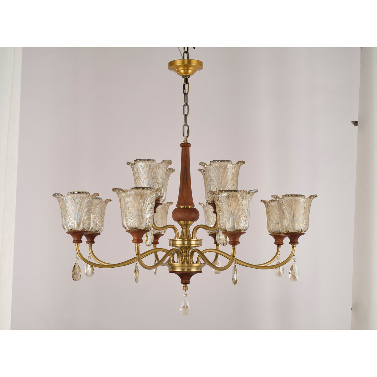 Real product photograph of the Aurelia fifteen-light two-tier chandelier unlit