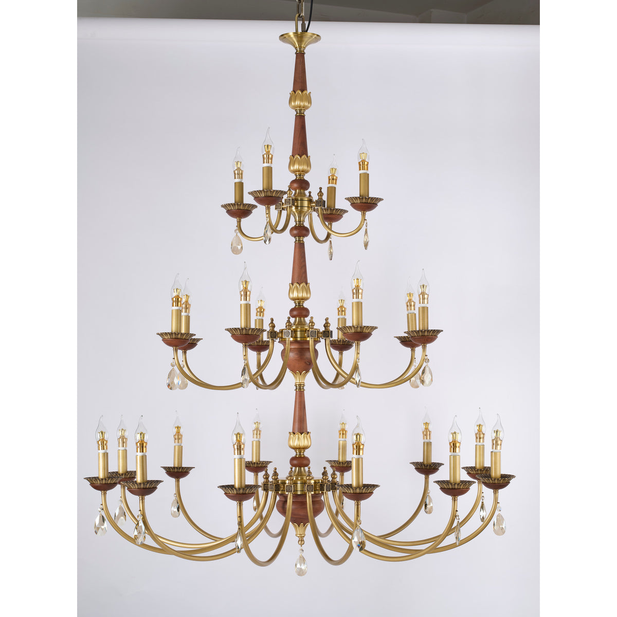 Real product photograph of the twenty-four-light three-tier chandelier