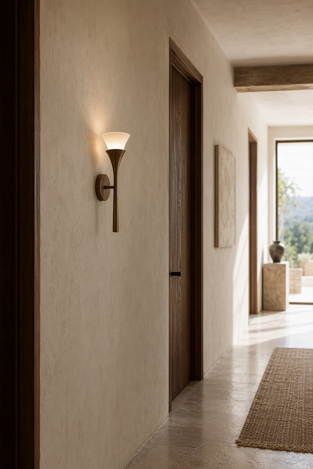 Sculptural Opal Glass and Alabaster Wall Sconce — Model A opal glass hotel corridor wide daylight