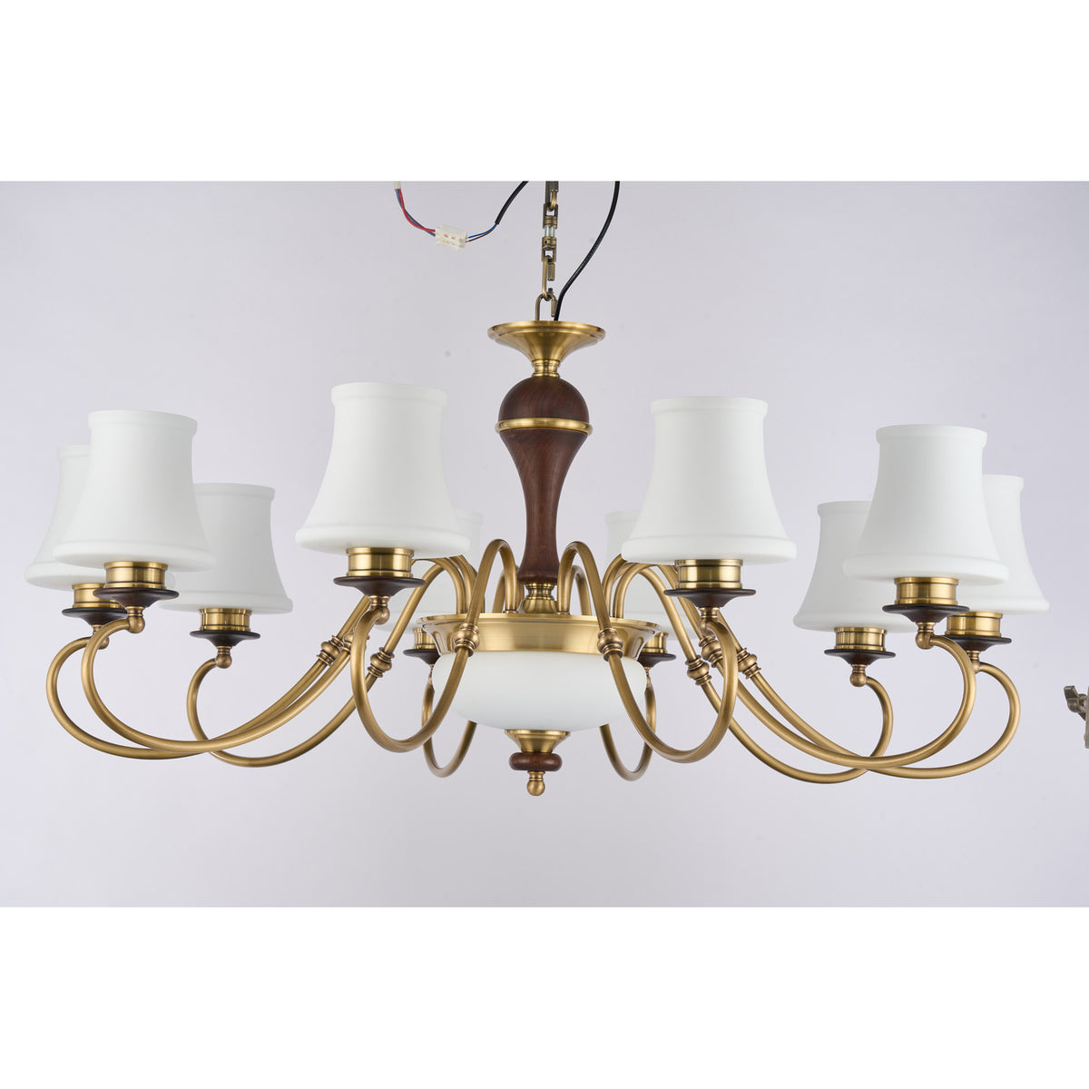 Supplier real photograph of the Glenhaven twelve-light two-tier chandelier complete unlit front view