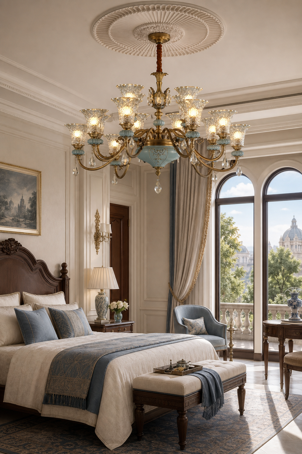 Blue Glazed Ceramic Two-Tier Chandelier grand bedroom