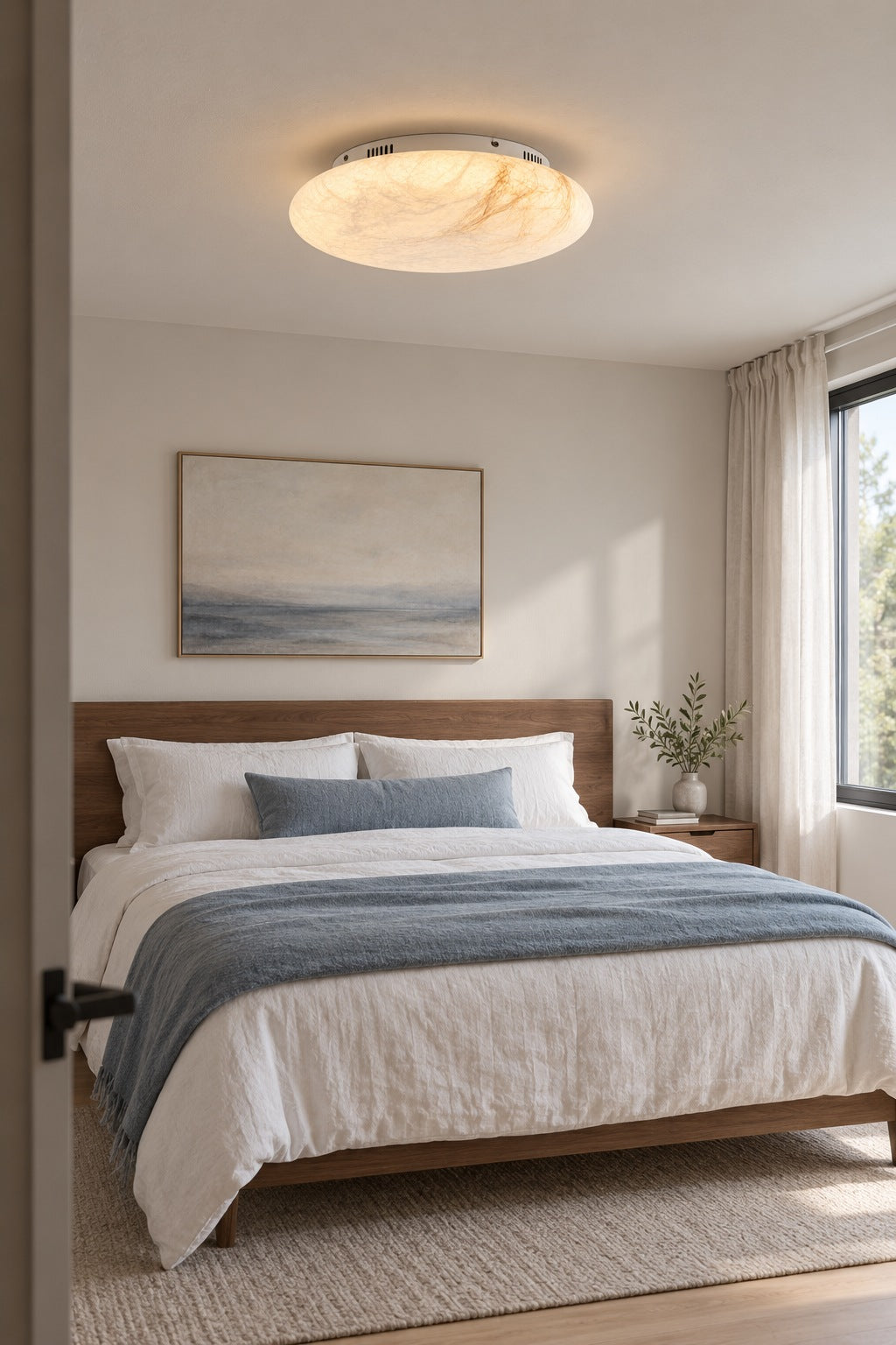 Round silk and hemp ceiling light illuminated above a bed