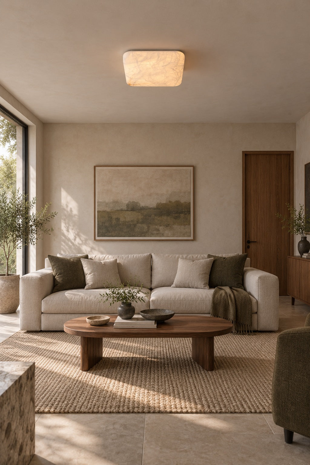 Silk and hemp 19.7 inch square flush ceiling light in a living room with a 79 inch sofa illuminated