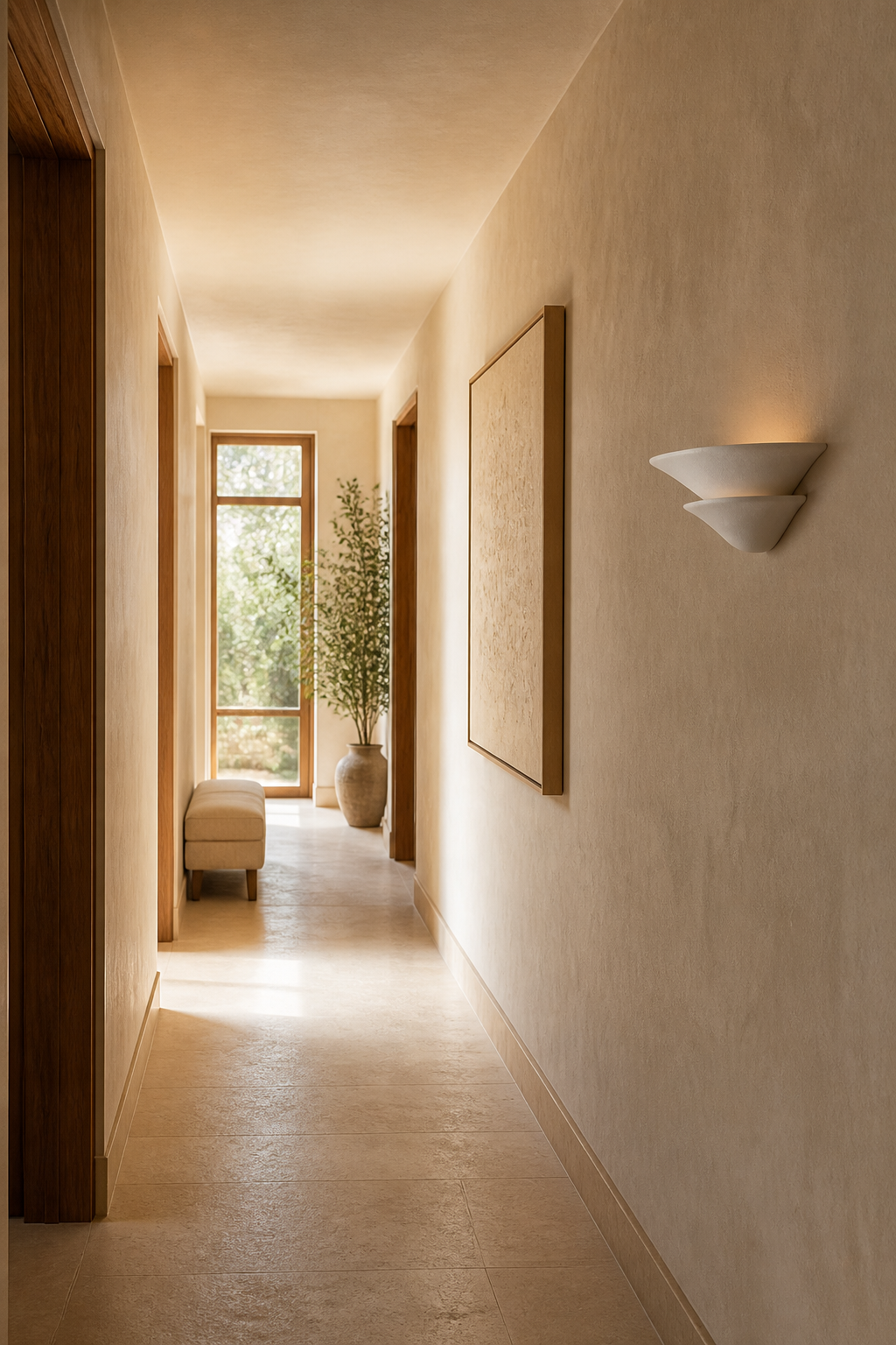 Sculptural Double-Tier Plaster Wall Sconce — wall sconce in a hotel-style corridor