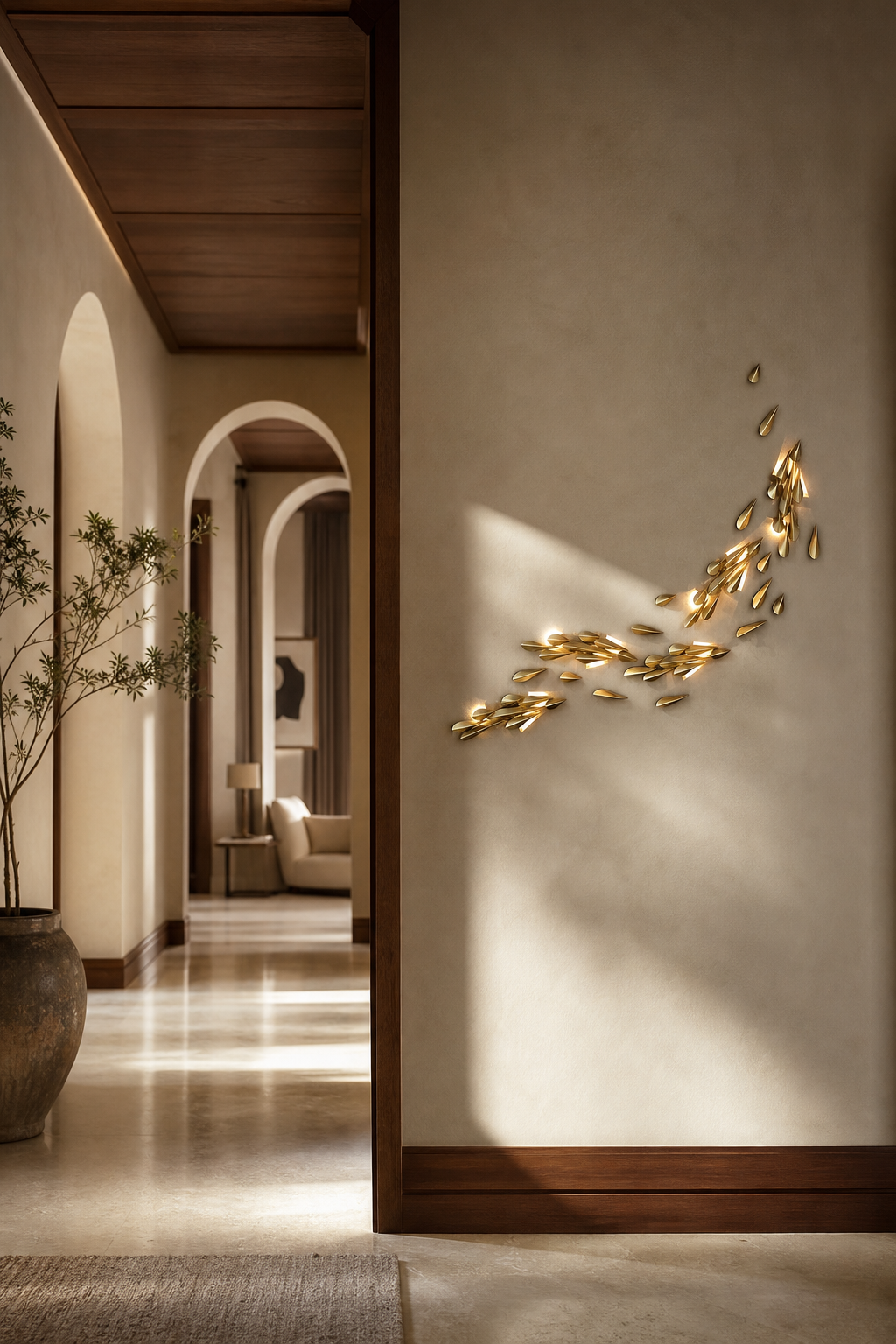 Brass Leaf LED Wall Art Sconce installed in a hallway, view 7
