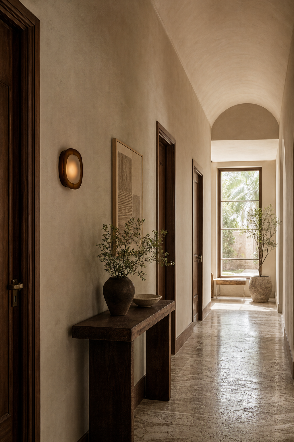 Dark Rounded Frame Wall Sconce hotel corridor wide