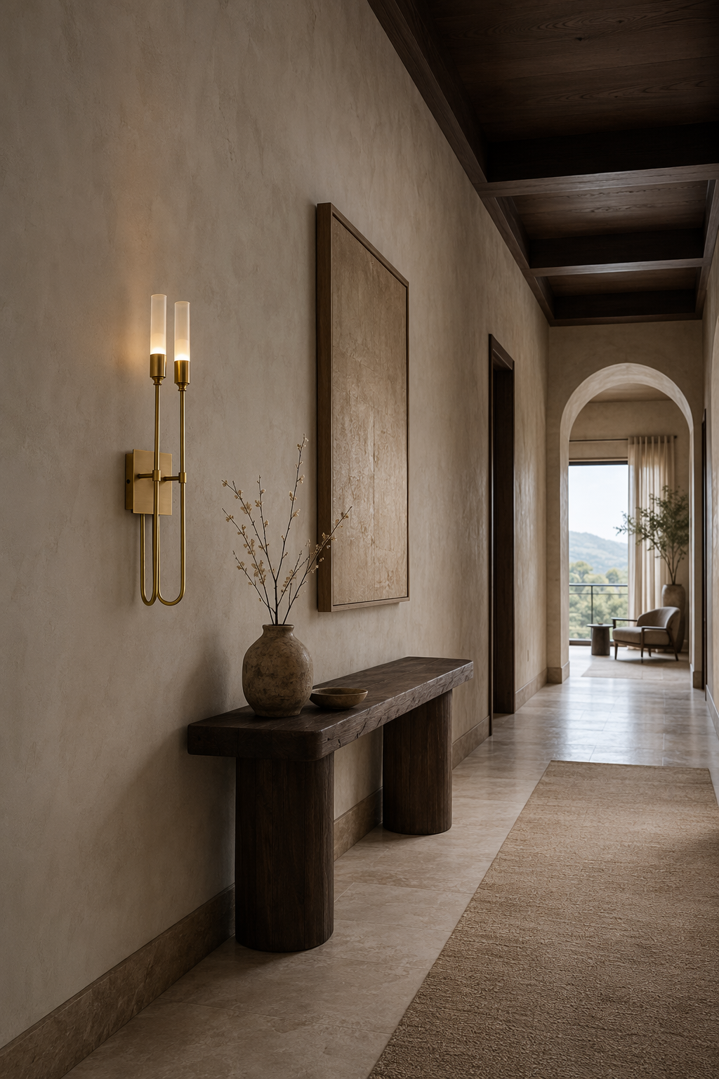 Double Loop Wall Sconce antique brass hotel corridor wide