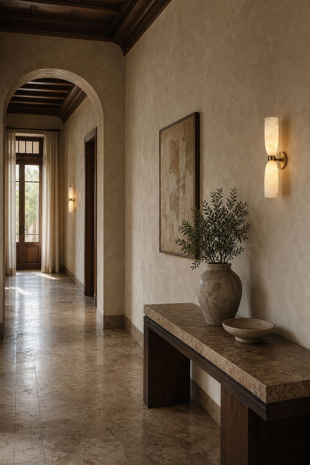 Double Alabaster Cylinder Wall Sconce hotel corridor wide