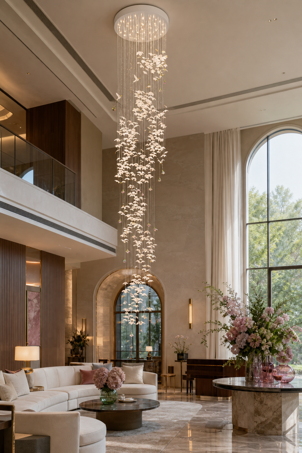 Floating Orchid Ceramic Grand Cascade Chandelier hotel lounge wide