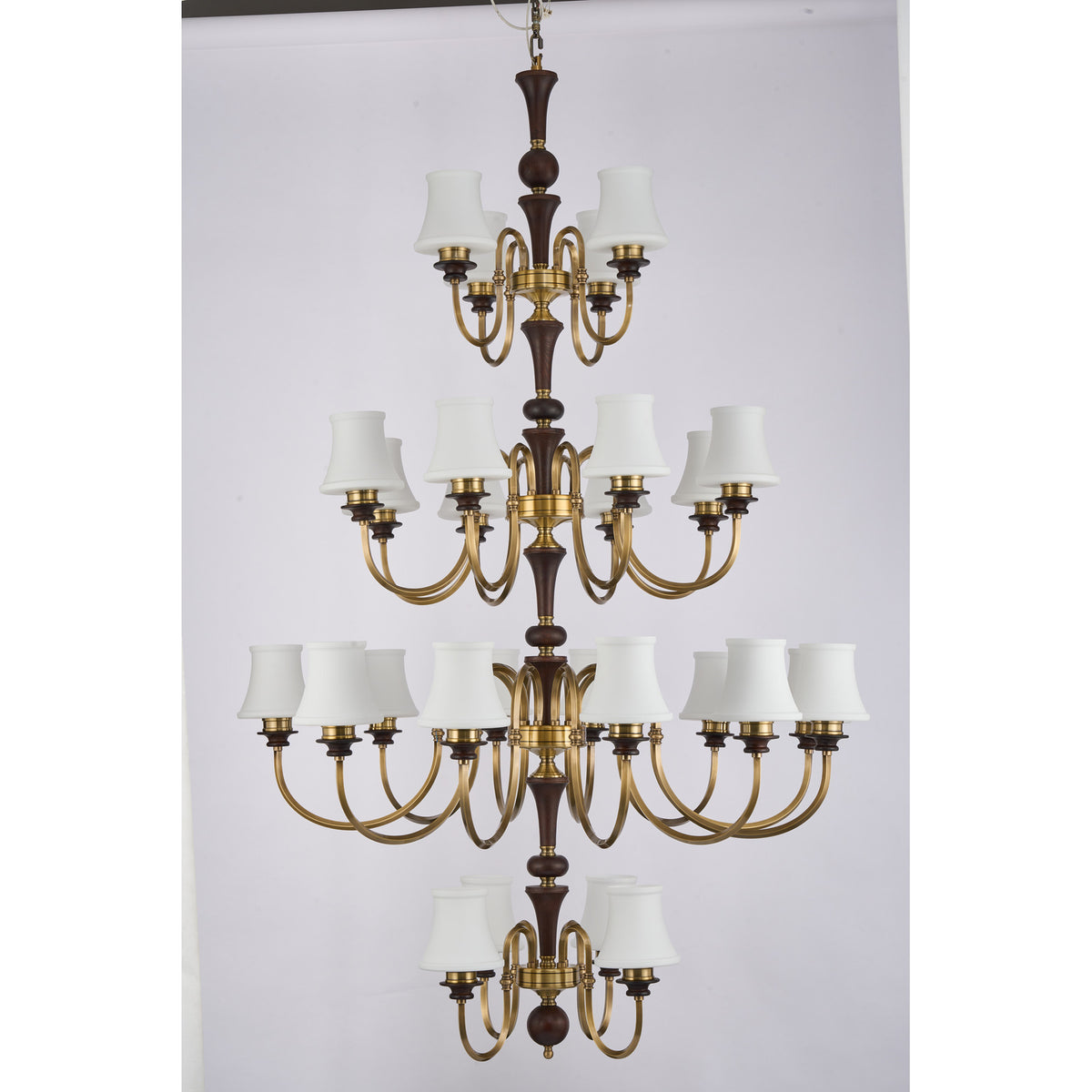 Supplier real photograph of the Kingswell twenty-eight-light four-tier chandelier complete unlit front view