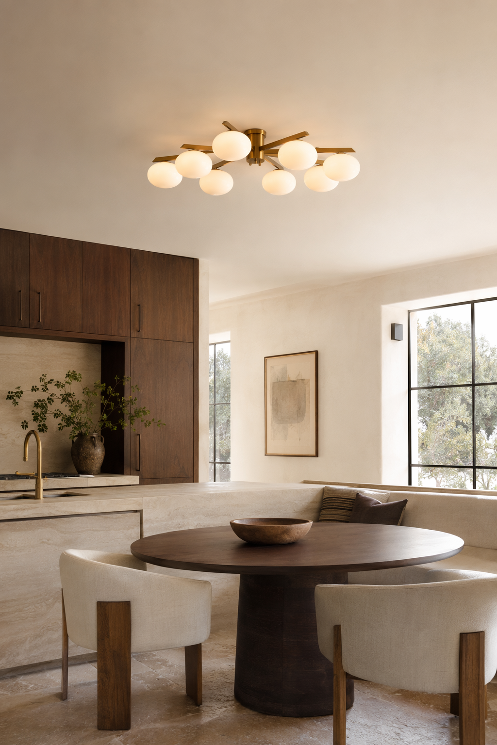 Solid Brass Opal Glass Semi-Flush Ceiling Light installed over a dining area, view 7