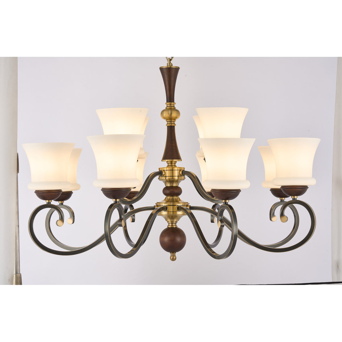 Supplier real photograph of the Langford fifteen-light two-tier chandelier complete lit front view