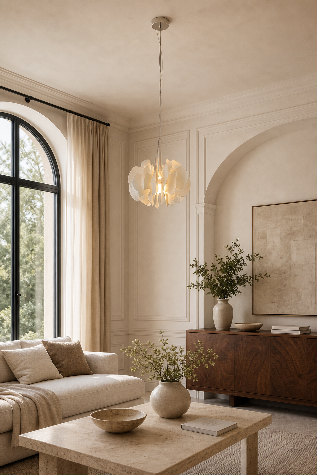 Sculptural Ivory Ceramic Petal Pendant living corner wide