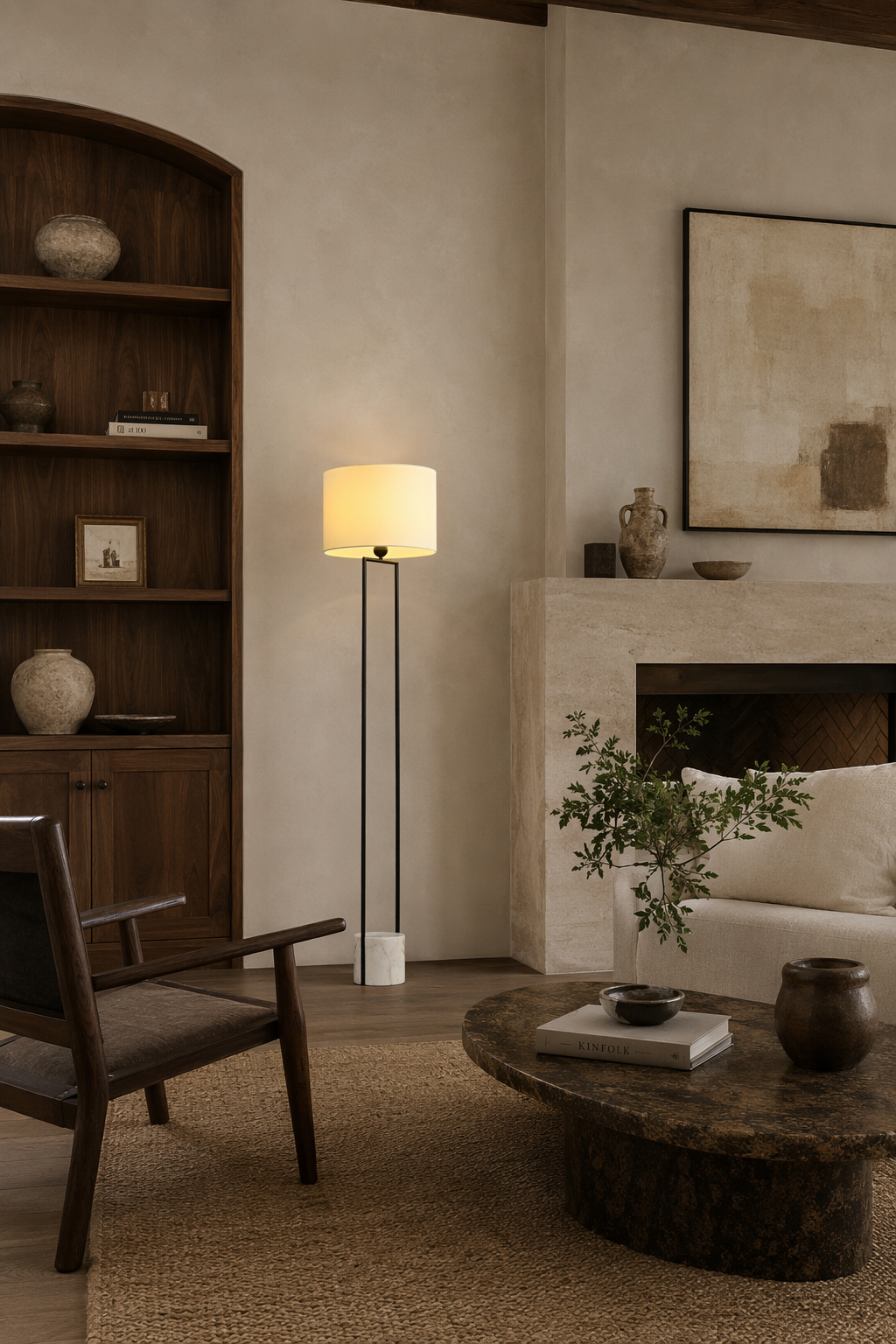 Double-Rod Marble Base Floor Lamp in black styled in a designer interior, view 7