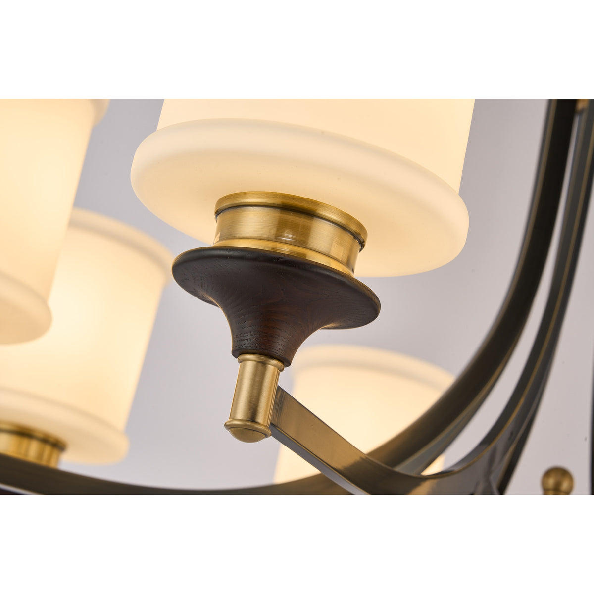 Supplier real detail photograph of the Montclair milky-opal shade, brass socket and dark wood cup