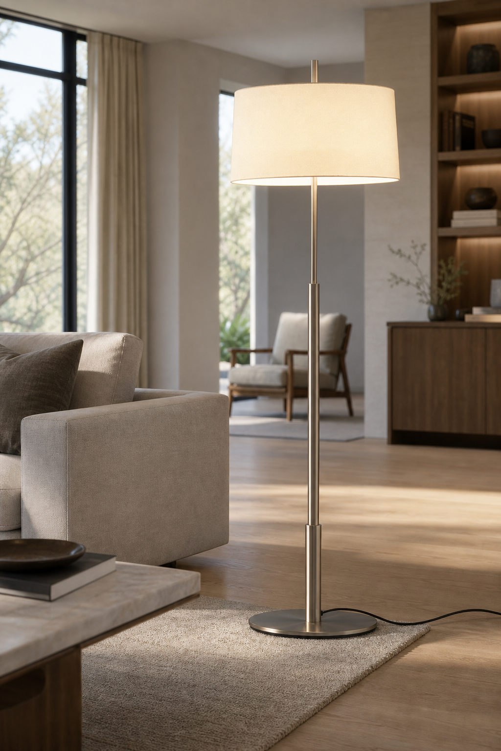 Modern Satin Nickel Off-White Fabric Lamp - generated main 07 07-open-plan-wide