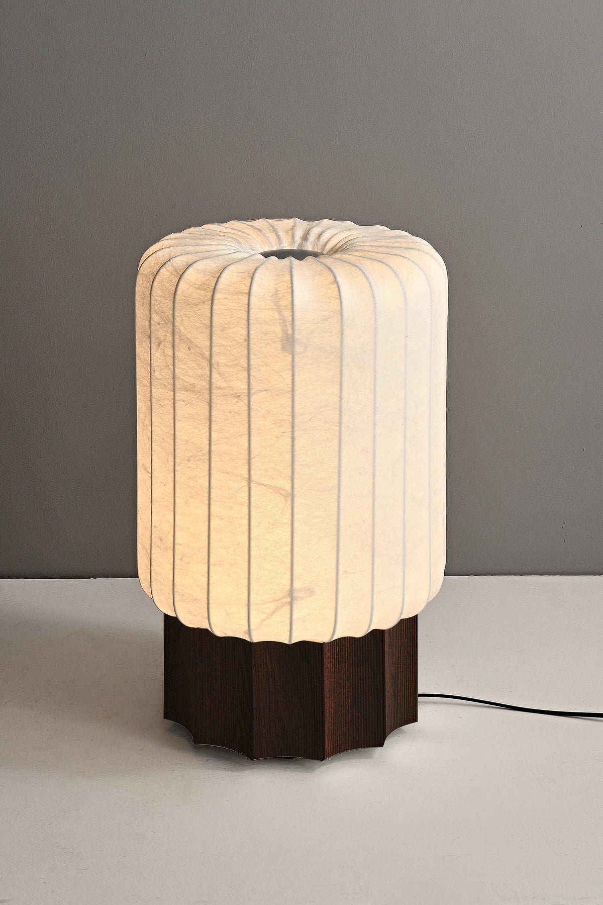 Modern Mulberry Silk Cylinder Table and Floor Lamp with Walnut Wood-Grain Base - 07 07-product-lit-side