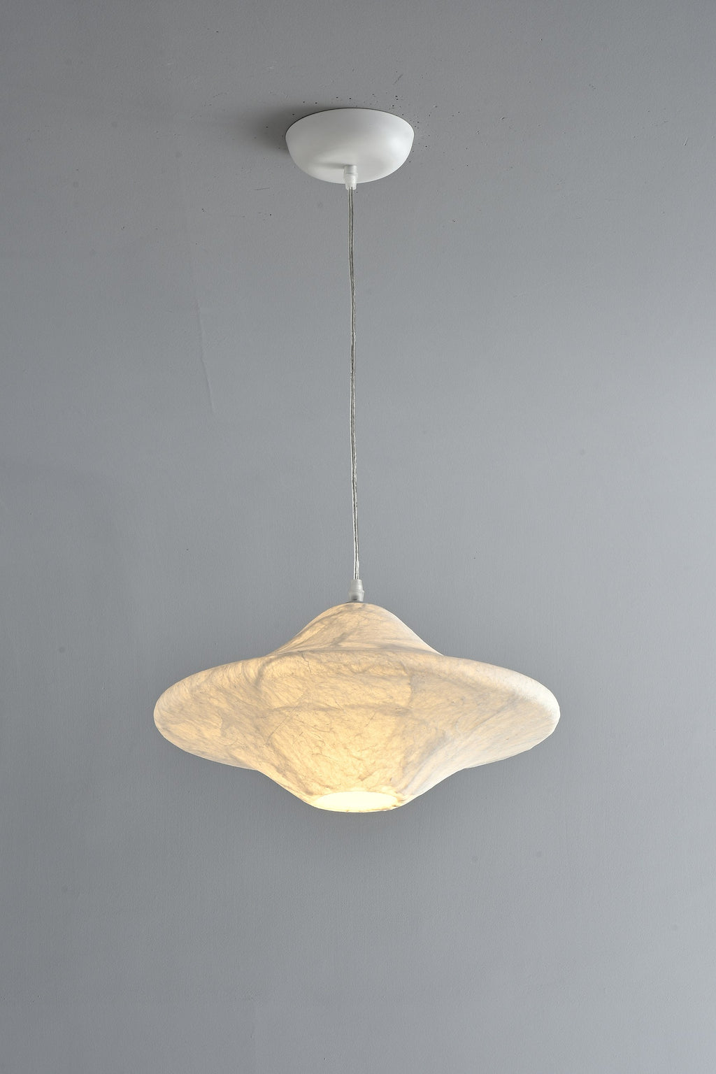Handmade Mulberry Silk Saucer Pendant Light in White - 07 07-product-real-silk-saucer-pendant-lit-angle
