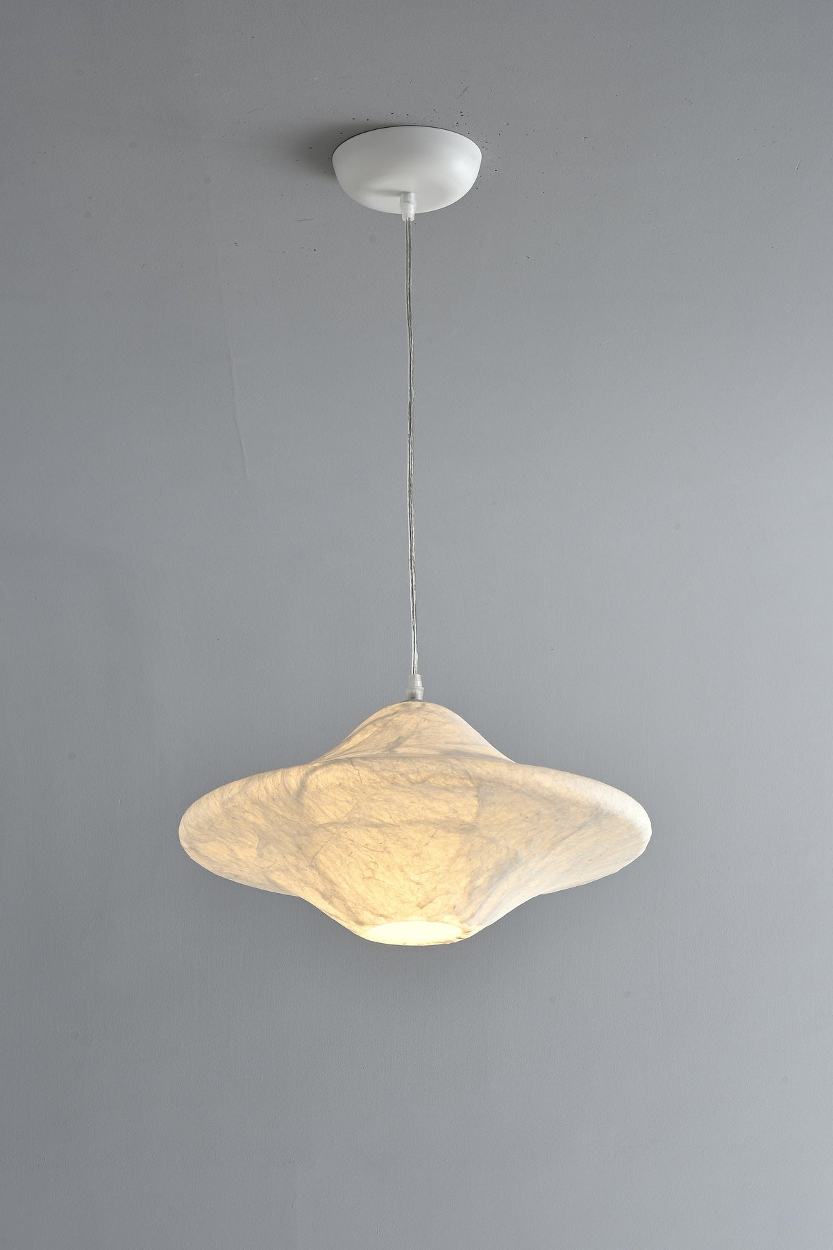 Handmade Mulberry Silk Saucer Pendant Light in White - 07 07-product-real-silk-saucer-pendant-lit-angle