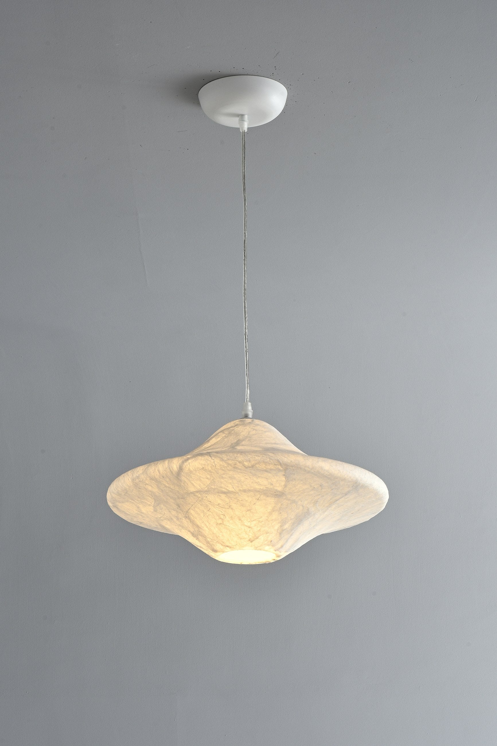 Handmade Mulberry Silk Saucer Pendant Light in White - 07 07-product-real-silk-saucer-pendant-lit-angle