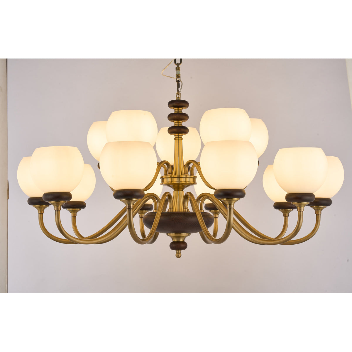 Supplier real photograph of the Ravenelle fifteen-light two-tier chandelier complete front view