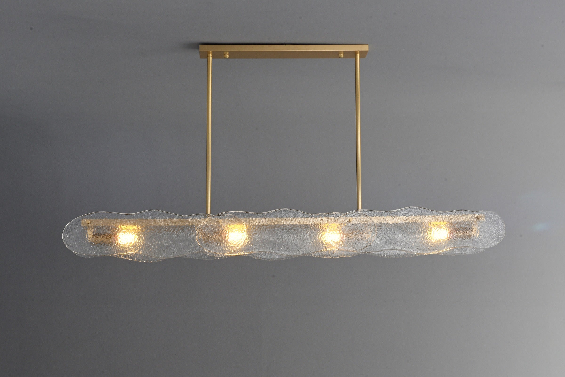 Modern Textured Glass Linear Island Chandelier - 18 07-real-front-lit-linear-glass-chandelier