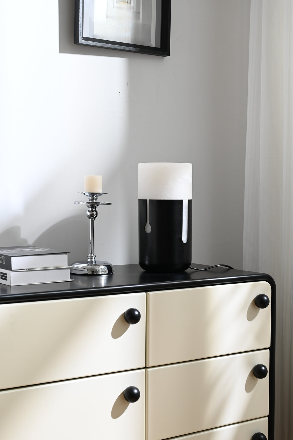 Modern Spanish Alabaster Cylinder Table Lamp in Matte Black - 07 07-real-photo-1-upright