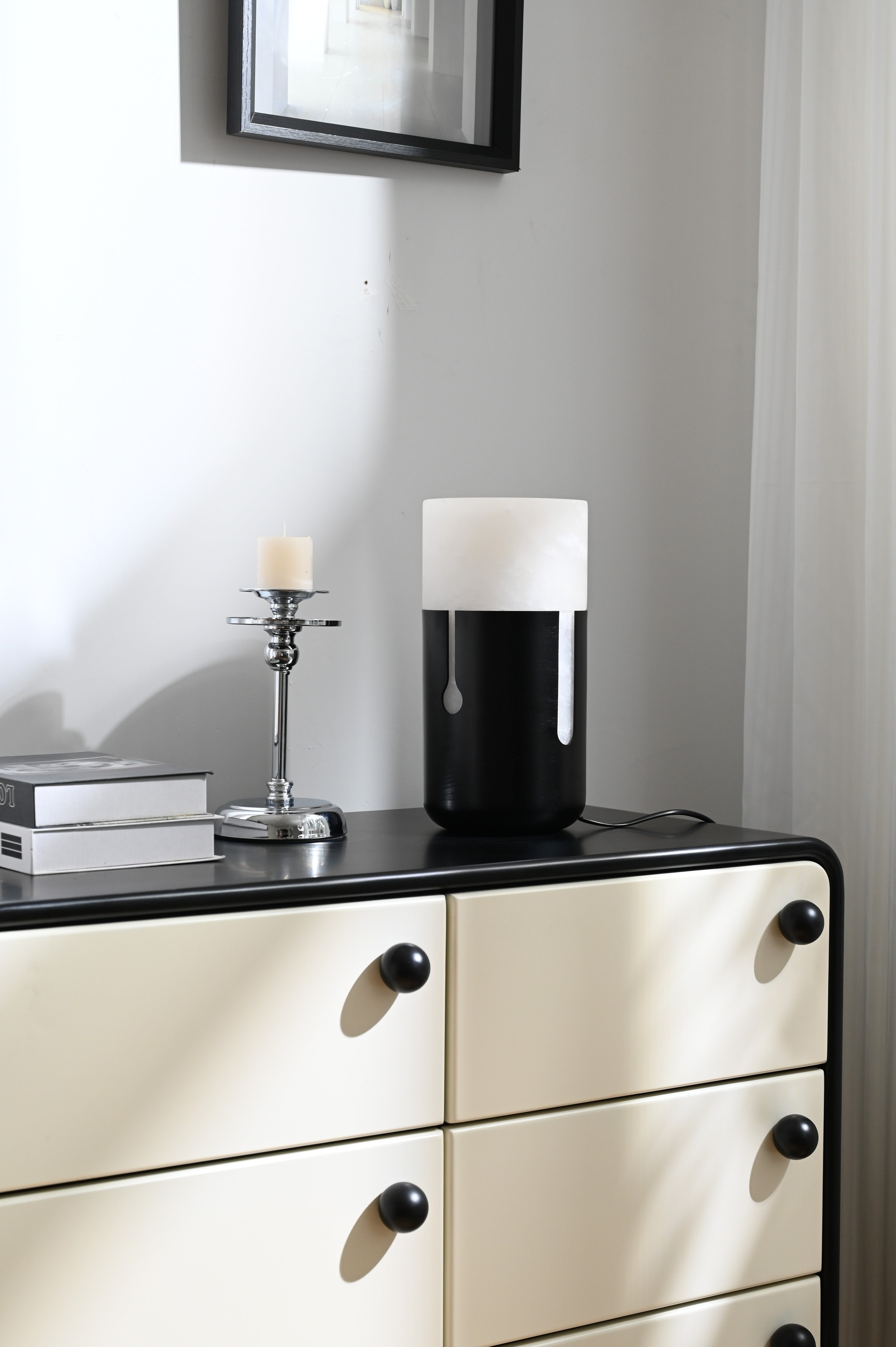 Modern Spanish Alabaster Cylinder Table Lamp in Matte Black - 07 07-real-photo-1-upright