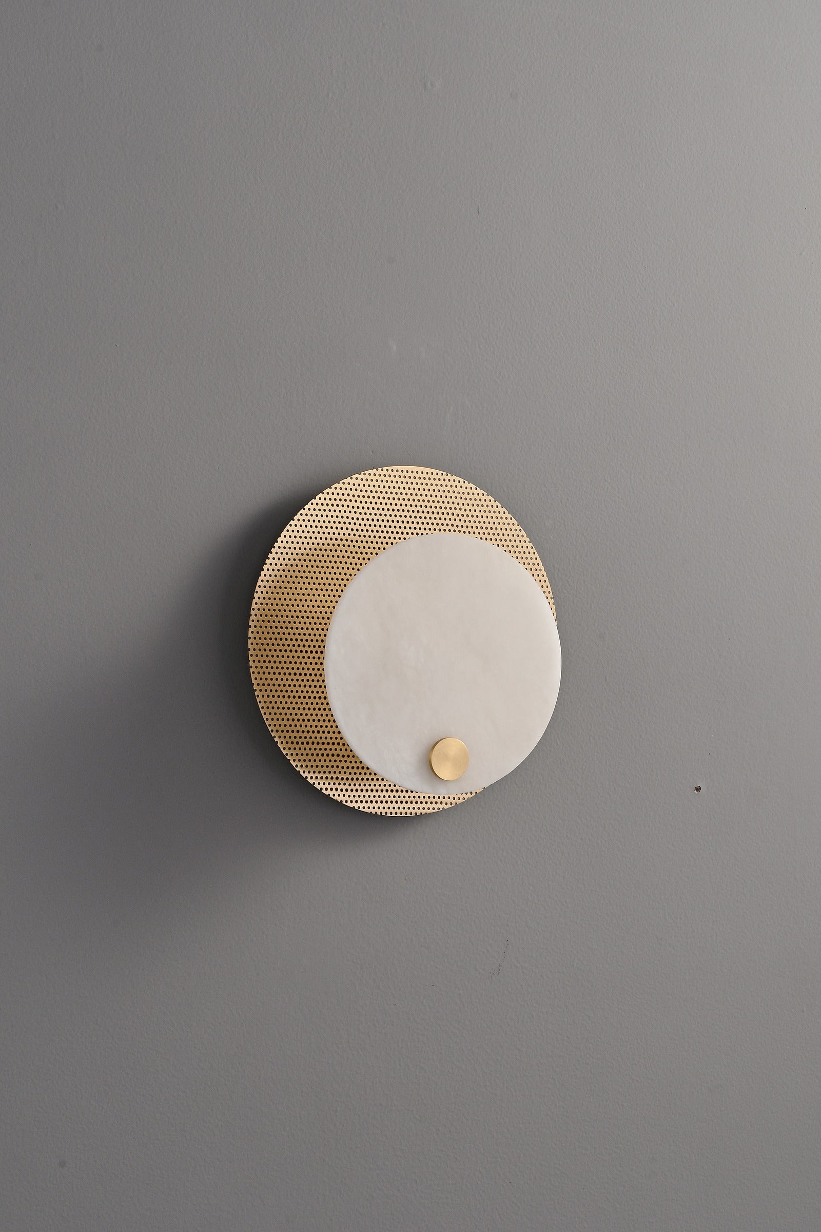 Modern Perforated Copper Alabaster Round Wall Sconce - 20 07-real-round-wall-sconce-side-unlit