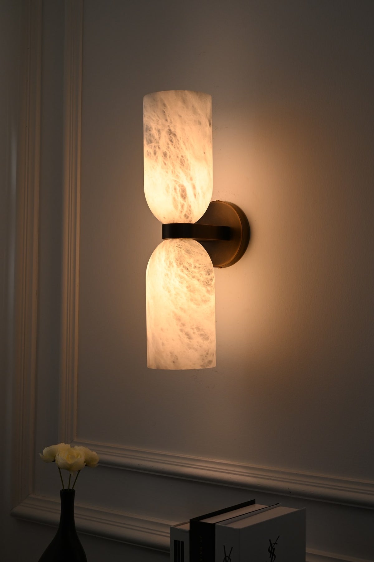 Modern Alabaster Cylinder Wall Sconce in Antique Brass - 07 07-real-shot-cylinder-wall-sconce-lit-detail