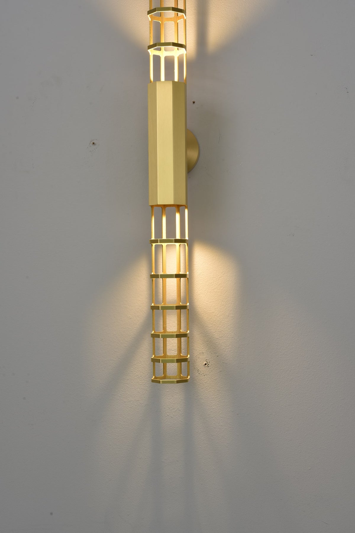 Modern Natural Brass Linear LED Wall Sconce - 07 07-real-shot-natural-brass-linear-led-wall-sconce-lit-detail