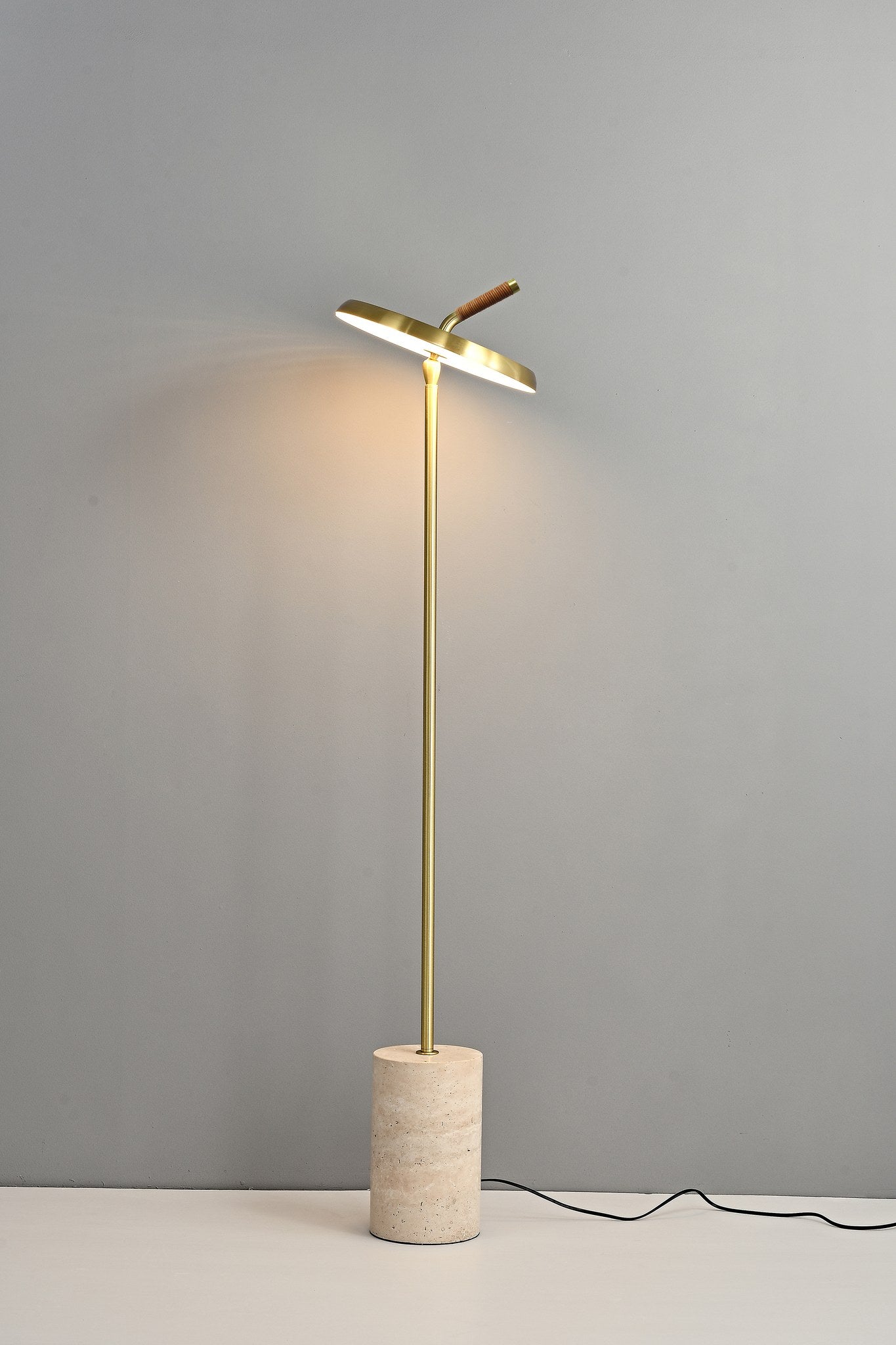 Modern Travertine Leather Floor Lamp in Gold - 07 07-real-shot-travertine-leather-floor-lamp-lit