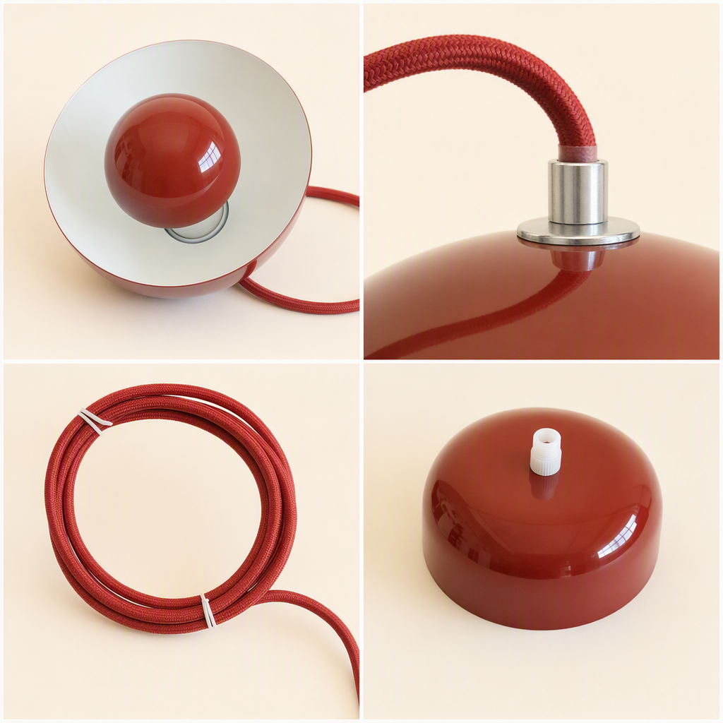 Red Flowerpot Dome Pendant Light cable, canopy, and shade component details