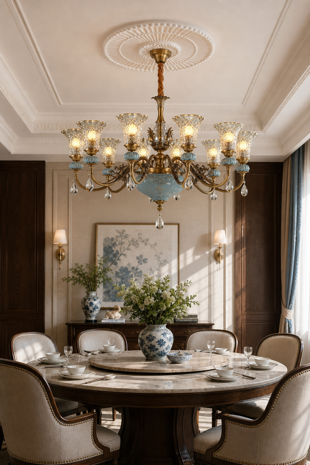 Blue Glazed Ceramic Brass Chandelier restaurant private dining