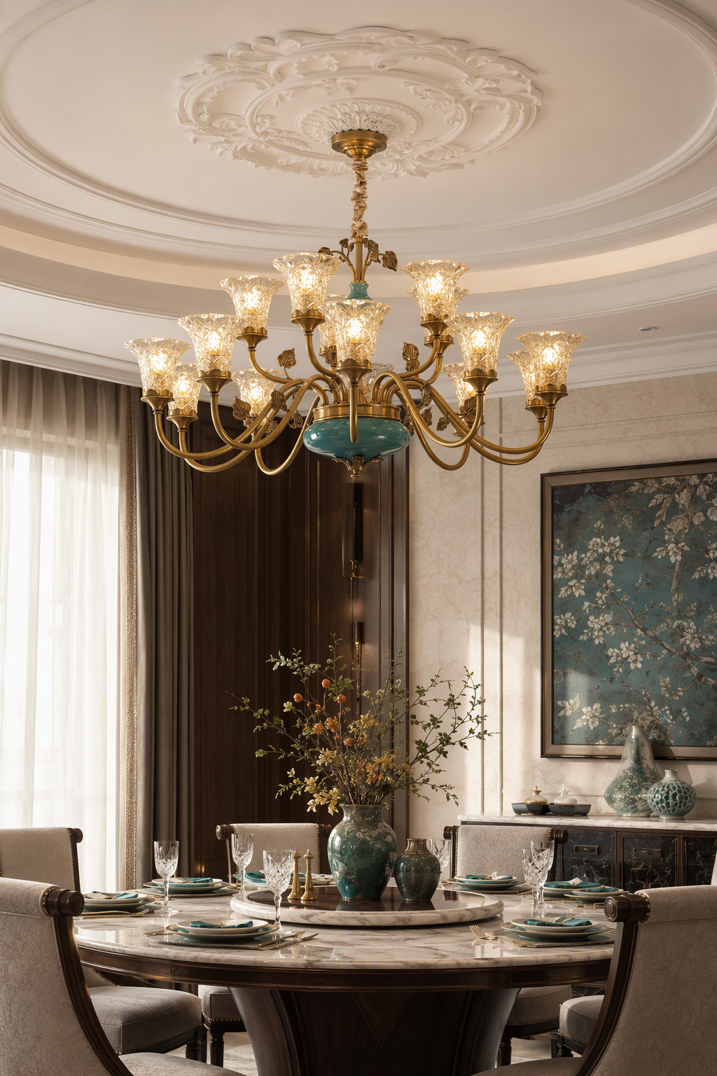 Tiffany Blue Ceramic Two-Tier Chandelier restaurant private dining