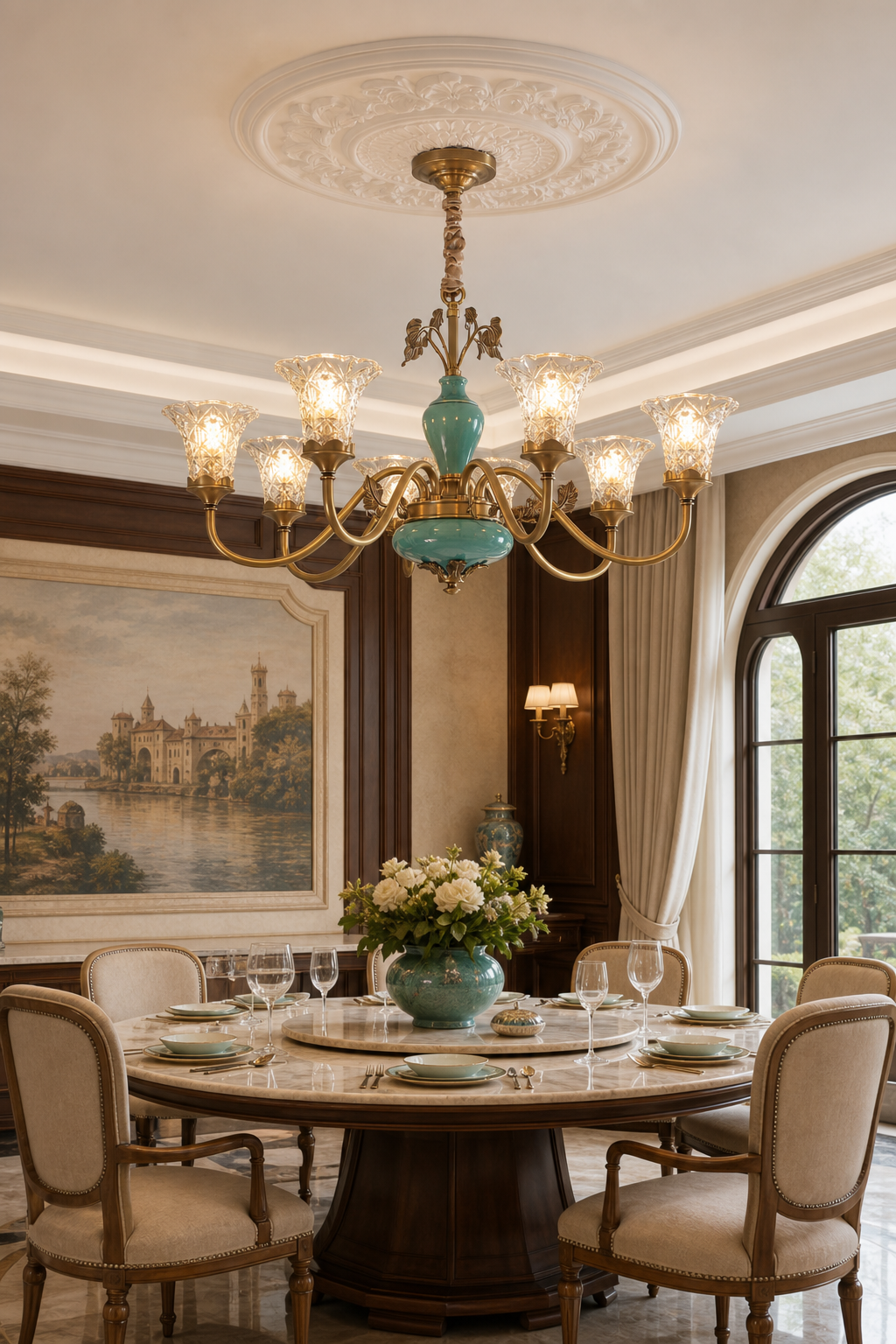 Tiffany Blue Ceramic Brass Chandelier restaurant private dining