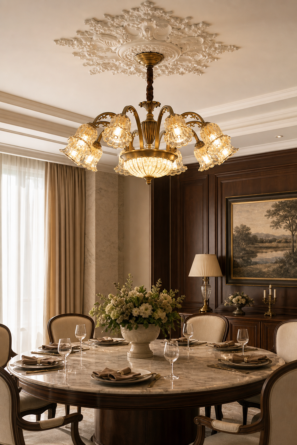 Vintage Brass Floral Glass Chandelier restaurant private dining