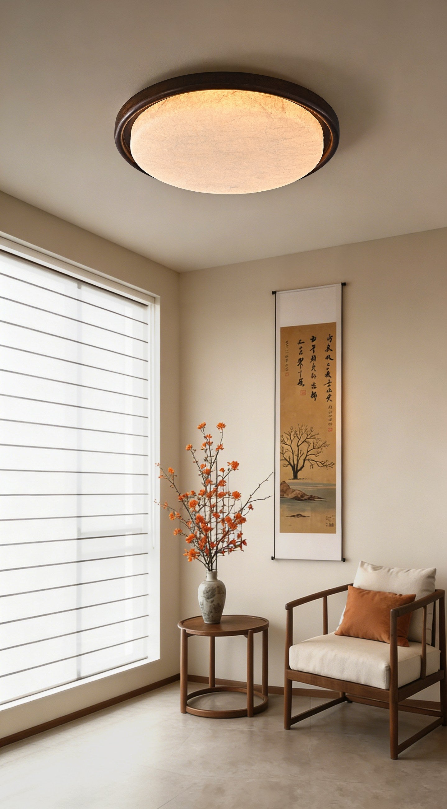 Modern Mulberry Silk Geometric Ceiling Light in Walnut and White - 07 07-scene-round-ceiling-light-dining-room