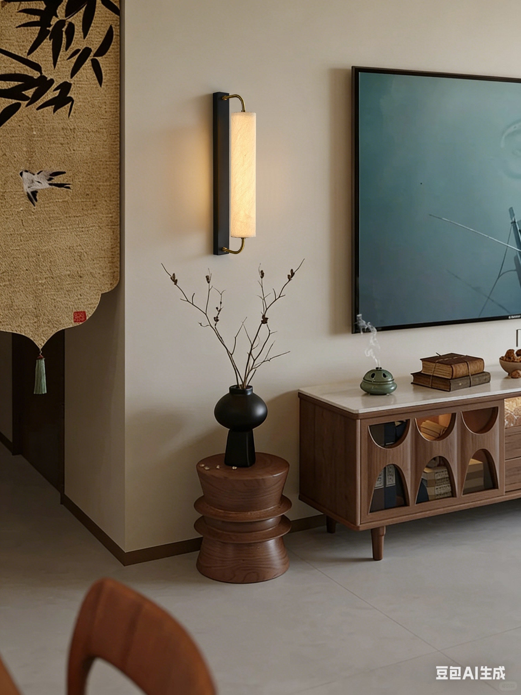 Modern Mulberry Silk Cylinder Wall Sconce in Brass or Black - 07 07-scene-silk-cylinder-wall-sconce-bedroom