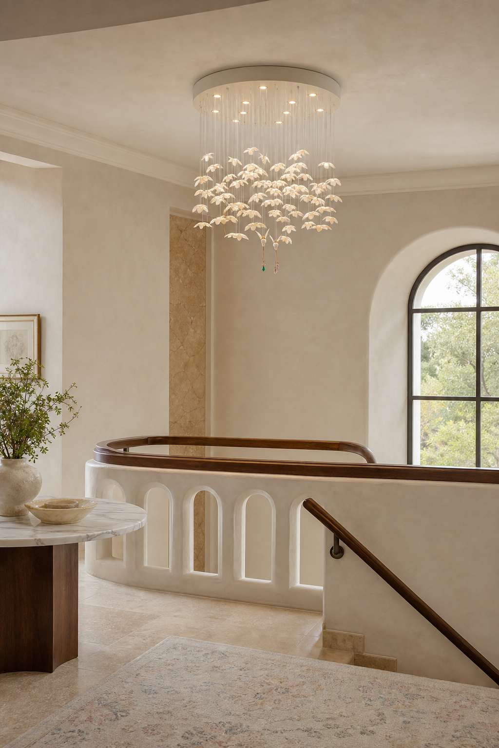 Floating Orchid Ceramic Short Chandelier stair landing wide