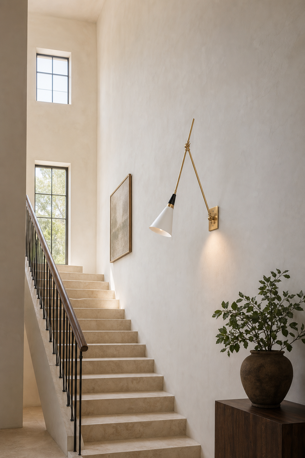 Adjustable Brass Wall Sconce — Long Arm sconce on a daylight staircase wall